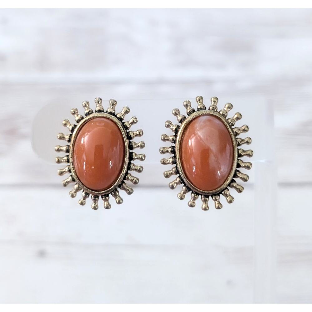 Vintage Clip On Earrings Large Burnt Orange & Gold Tone Stylish Statement